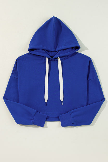 Solid Drop Shoulder Drawstring Cropped Hoodie | Dark Blue