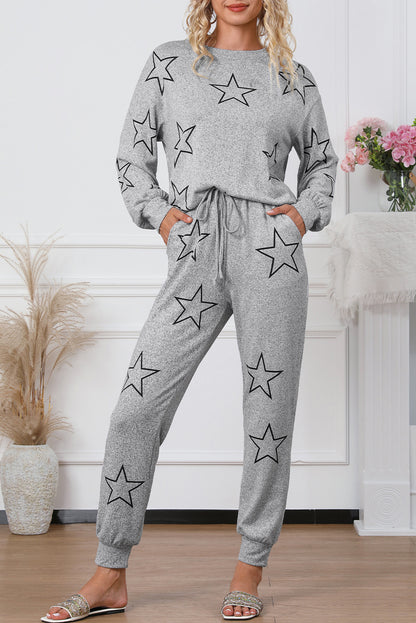 Stars Print Long Sleeve Drawstring High Waist Lounge Set | Gray