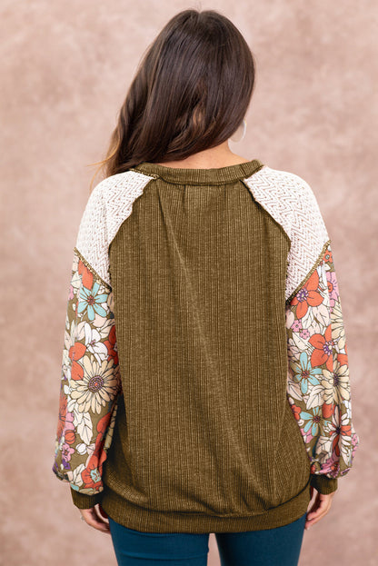 Floral Patchwork Puff Sleeve Textured Blouse | Brown