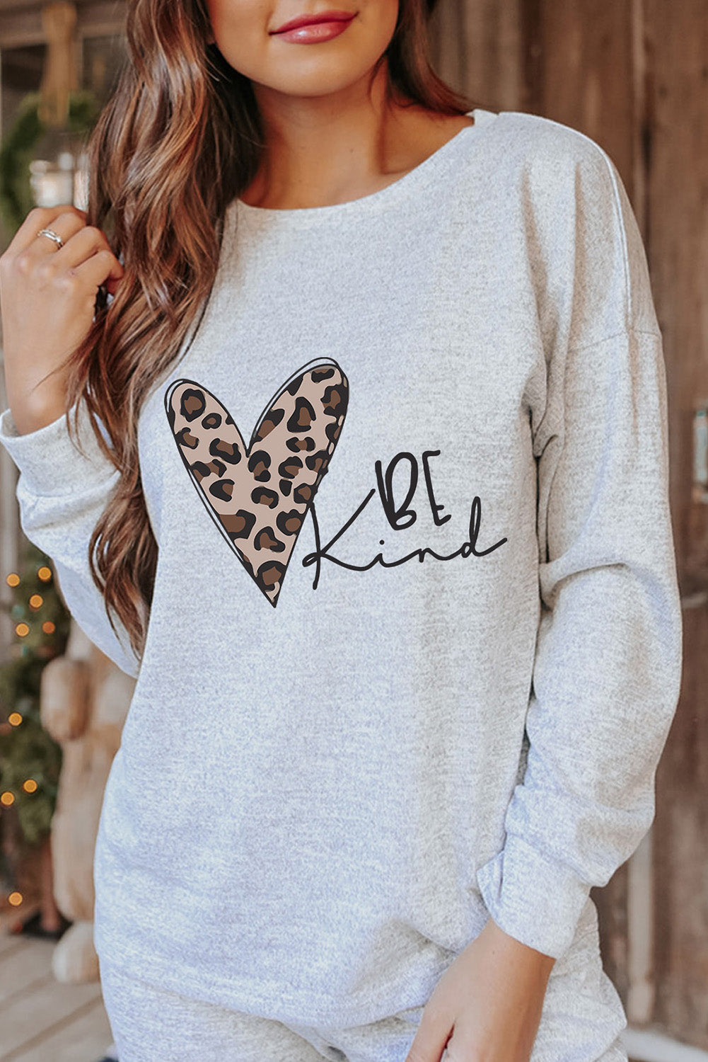 Be Kind Leopard Heart Graphic Pullover And Joggers Lounge Set | Gray