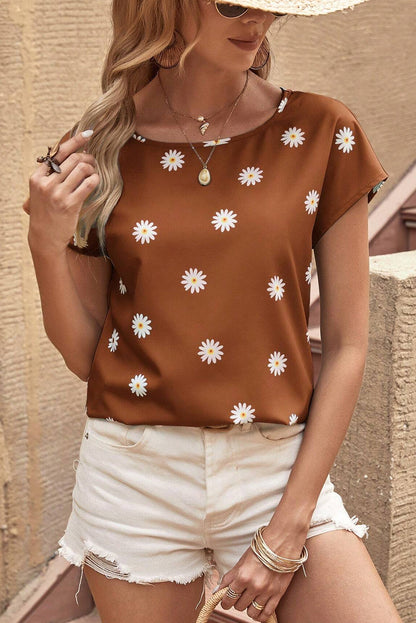 Daisy Print Short Sleeve Top | Chestnut