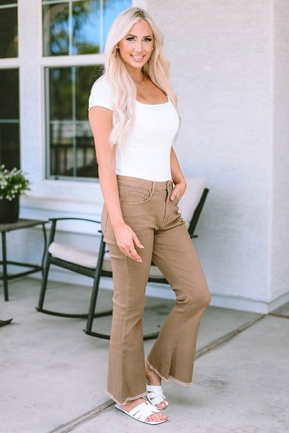 Raw Hem High Waist Flare Jeans | Khaki