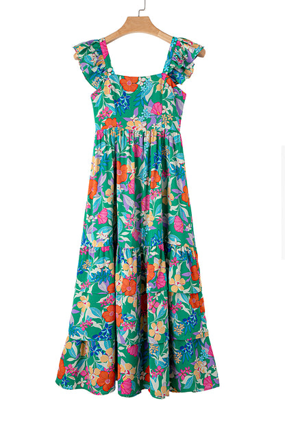 Floral Print Sleeveless Ruffle Tiered Maxi Dress | Green