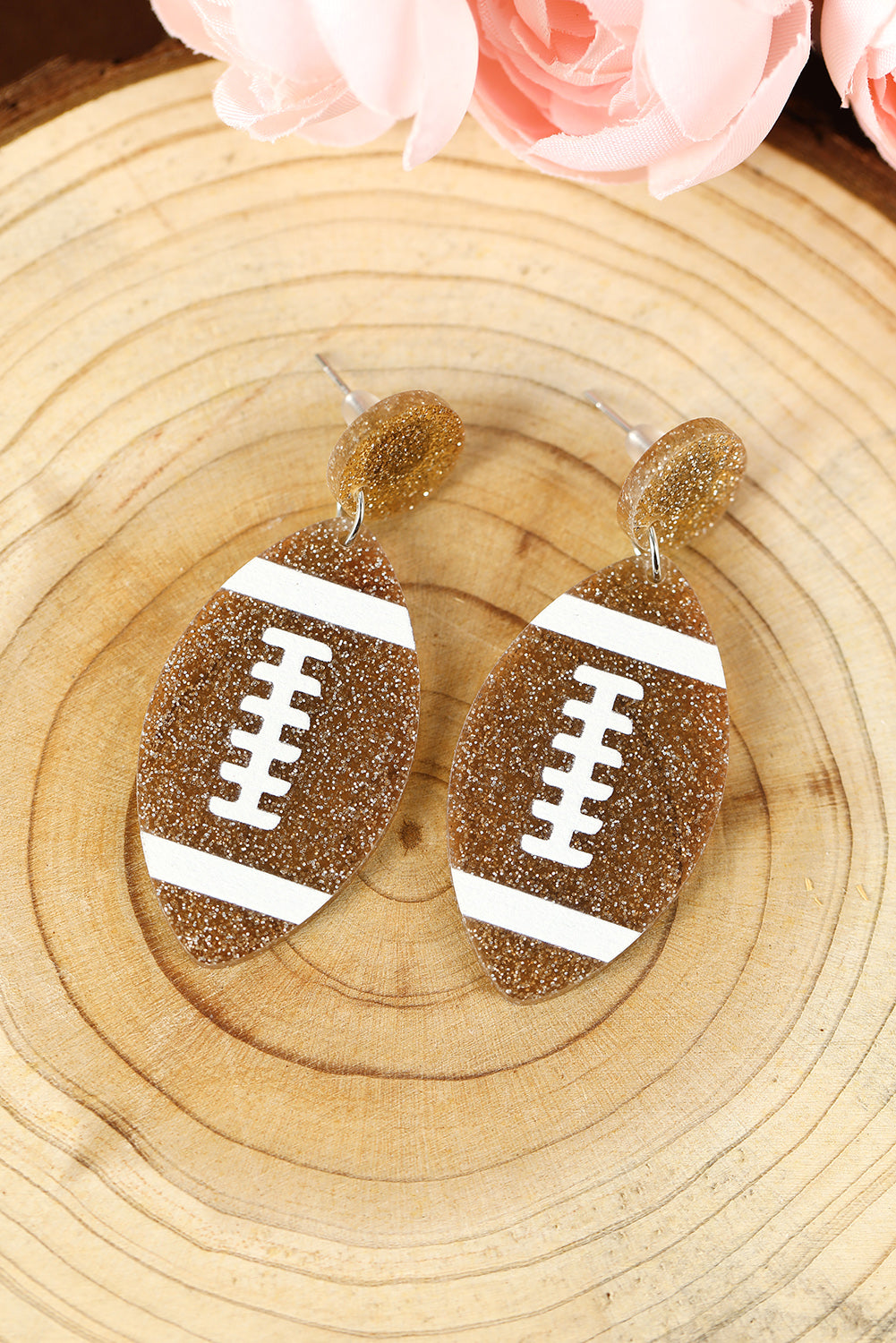 Glittering Rugby Football Pendant Game Day Earrings | Brown