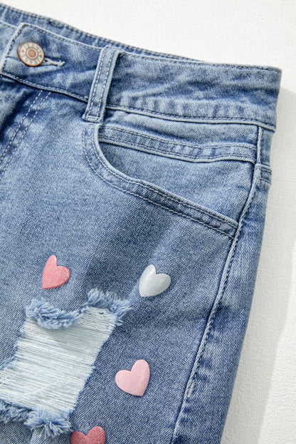 Shimmer Heart Pattern Distressed Denim Mini Skirt | Beau Blue