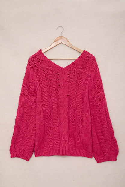 Bubblegum V-Neck Braided Knit Sweater | Rose