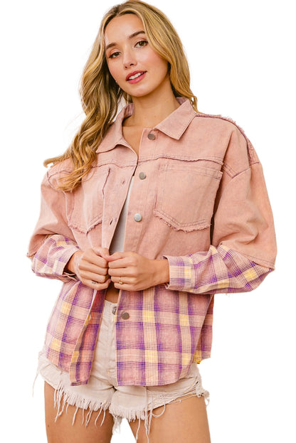 Frayed Patchwork Plaid Contrast Jacket | Pink