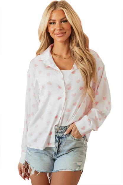 Love Heart Print Drop Shoulder Puff Sleeve Shirt | White