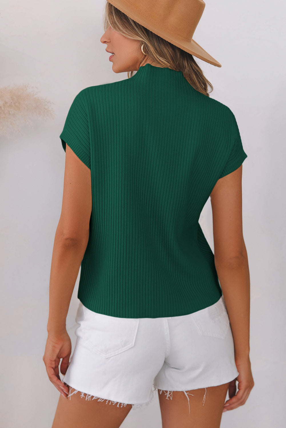 Patch Pocket Ribbed Knit Short Sleeve Sweater | Blackish Green