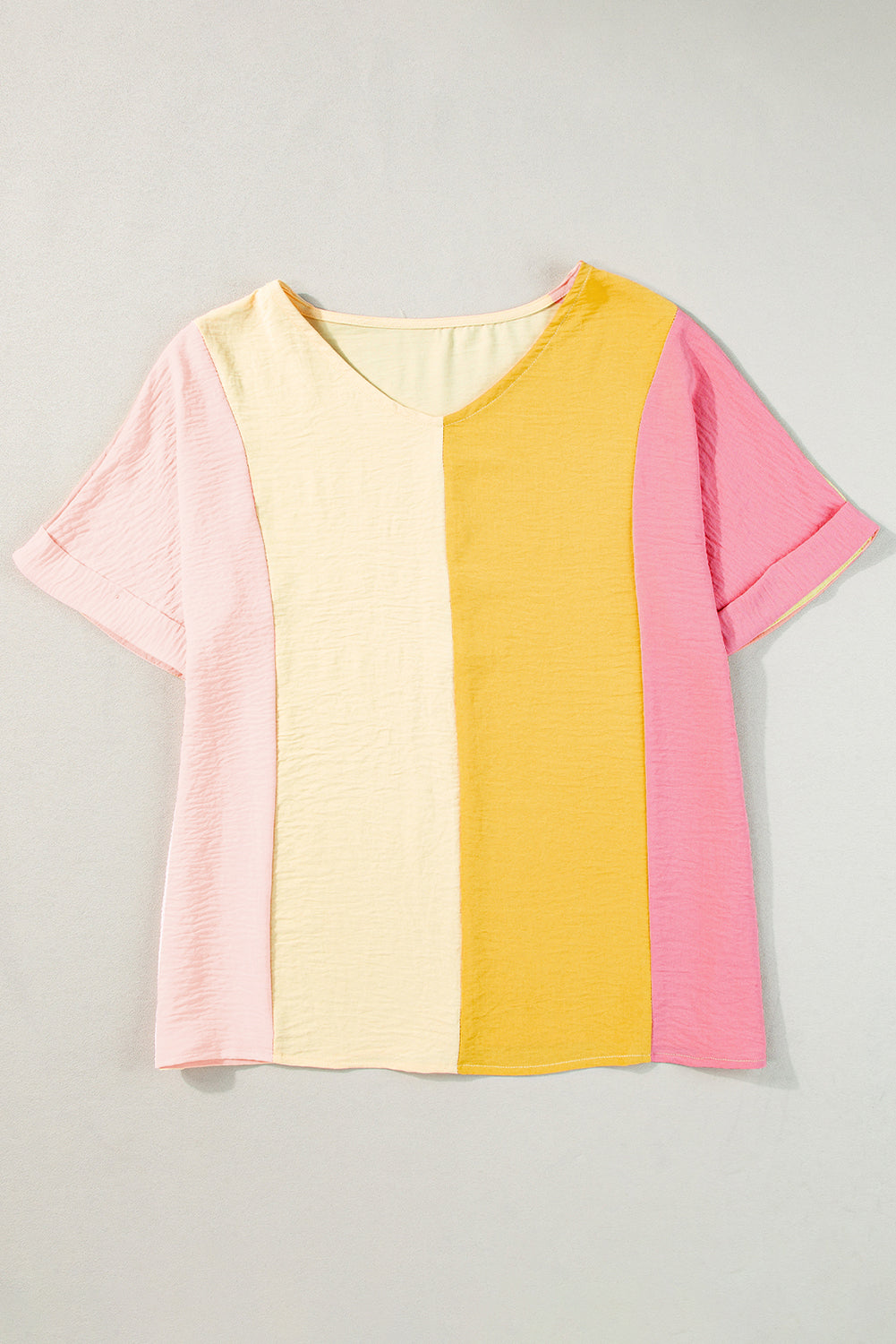 Crinkled Colourblock Patchwork V Neck T Shirt | Apricot