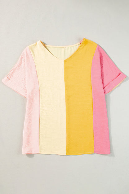 Crinkled Colourblock Patchwork V Neck T Shirt | Apricot