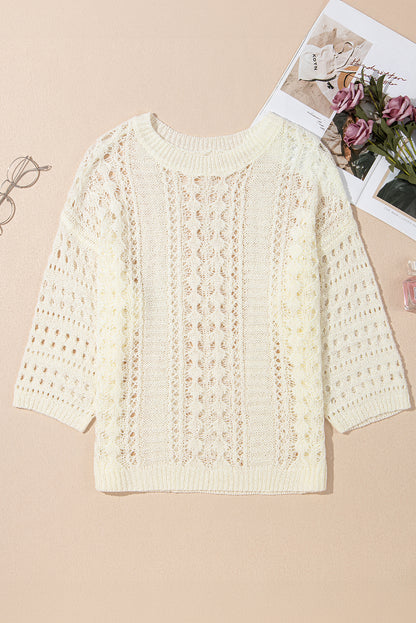 Hollow Out Knit Bracelet Sleeve Drop Shoulder Sweater | White