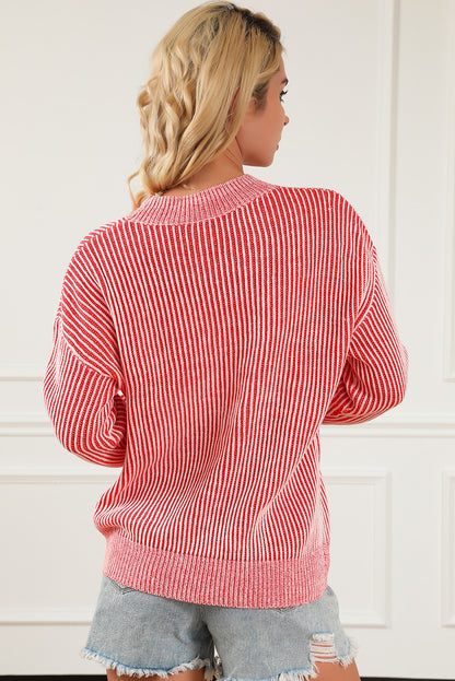 Striped Print Ribbed Trim Round Neck Sweater | Red