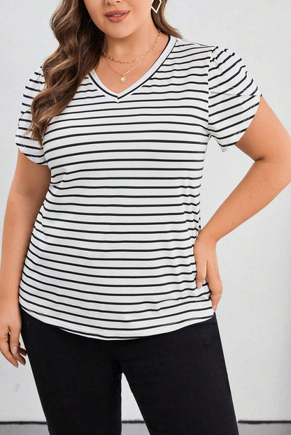 V Neck Petal Sleeve Plus Size T-Shirt | White Stripe