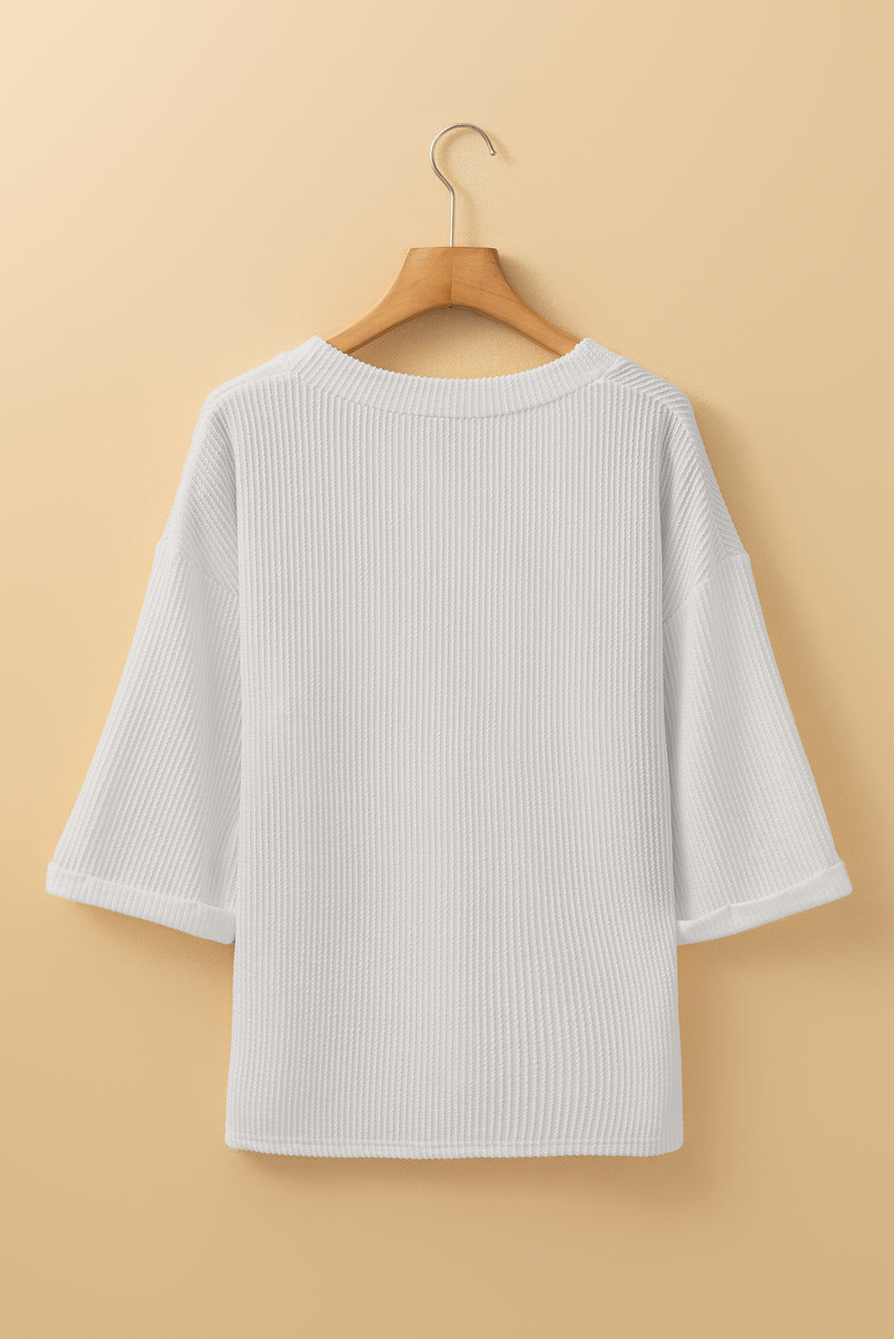 Solid Colour Corded Drop Shoulder 3/4 Sleeve V Neck Top | White