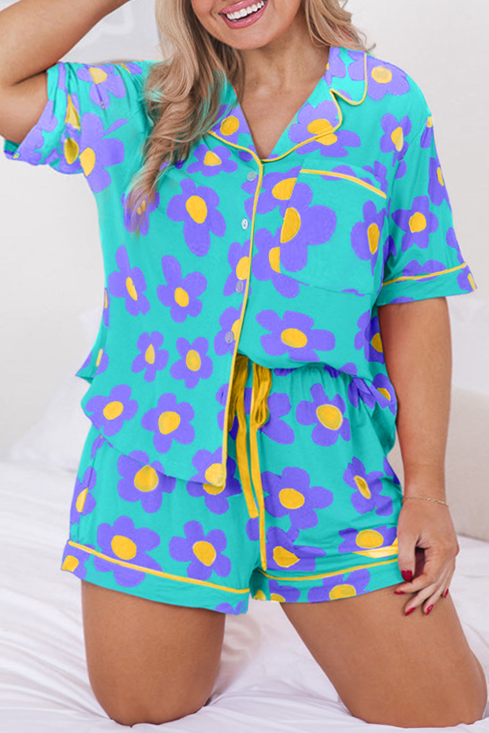 Cute Flower Print Contrast Trim Plus Size Short Pj Set | Sky Blue