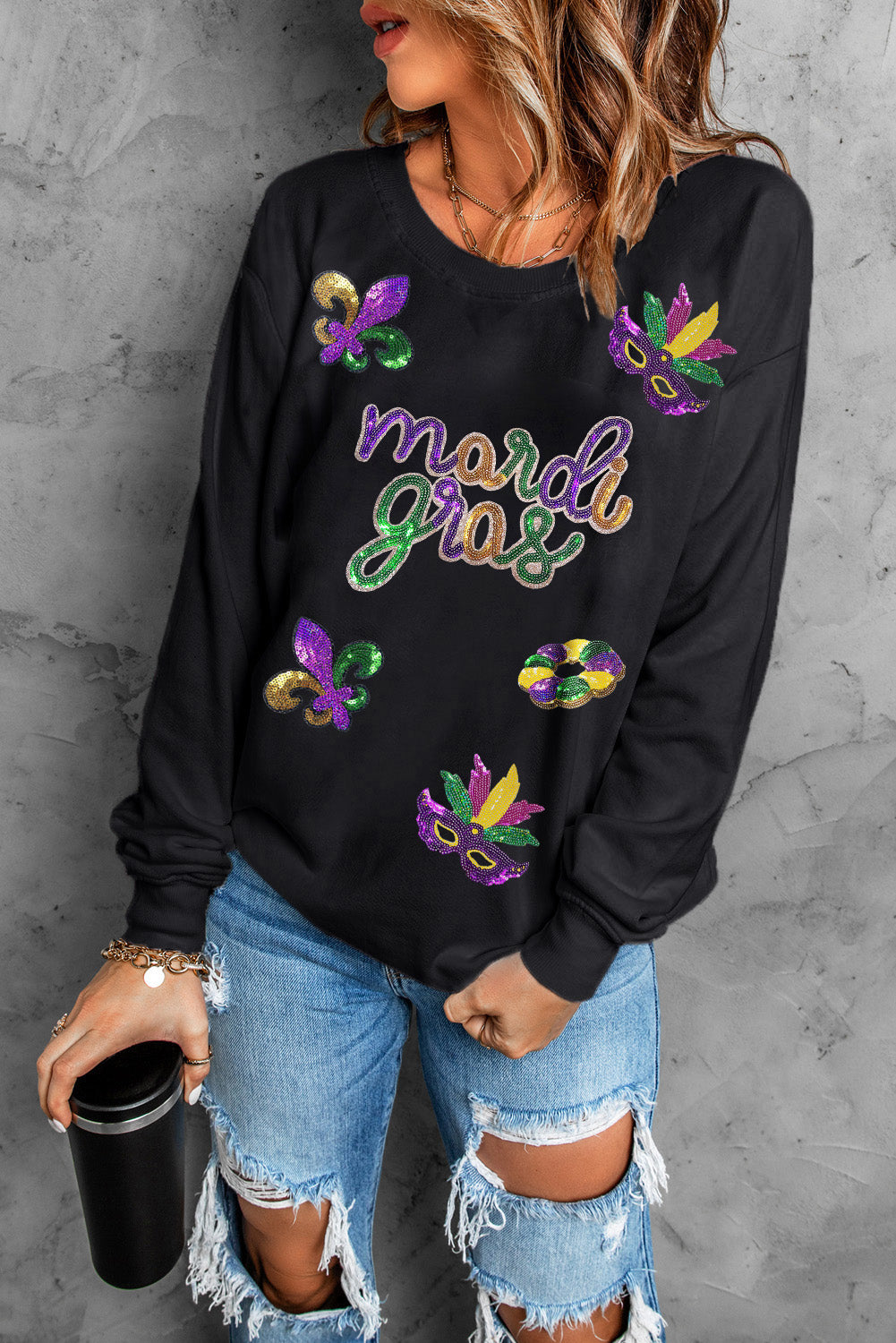 Sequin Mardi Gras Fleur De Lis Graphic Pullover Sweatshirt | Black