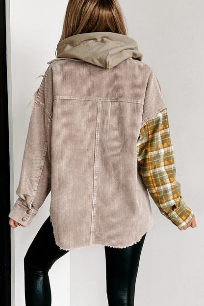 Plaid Corduroy Patchwork Snap Button Shacket | Khaki