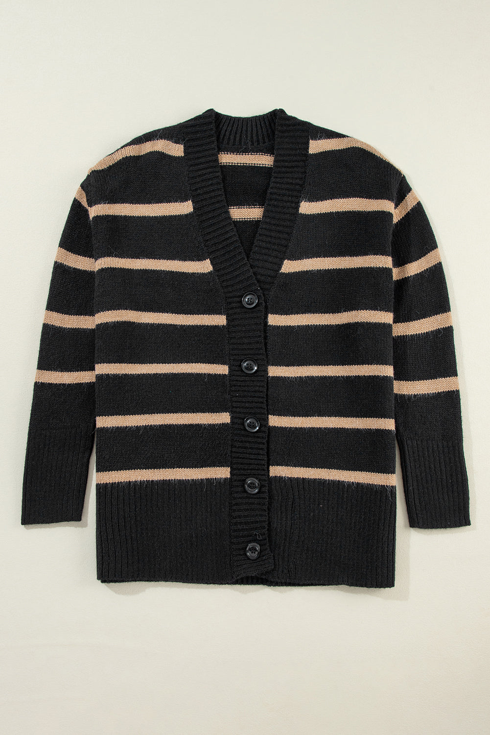 Buttoned V Neck Drop Shoulder Loose Cardigan | Black Stripe