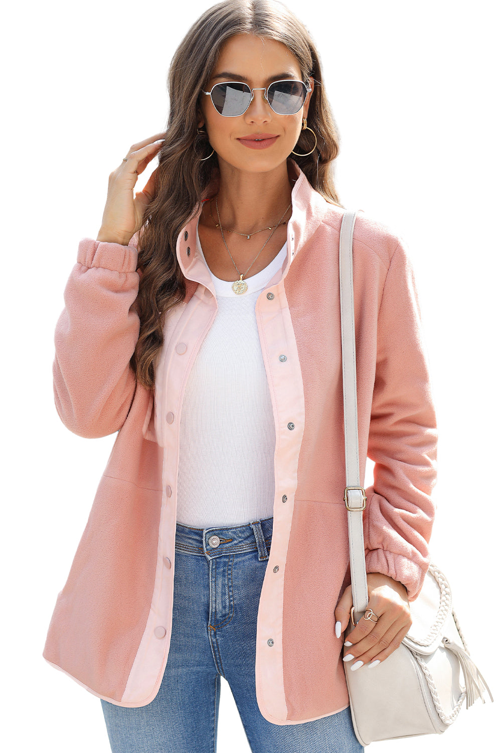 Pink Sherpa Contrast Trim Zipped Pocket Jacket | Apricot Powder