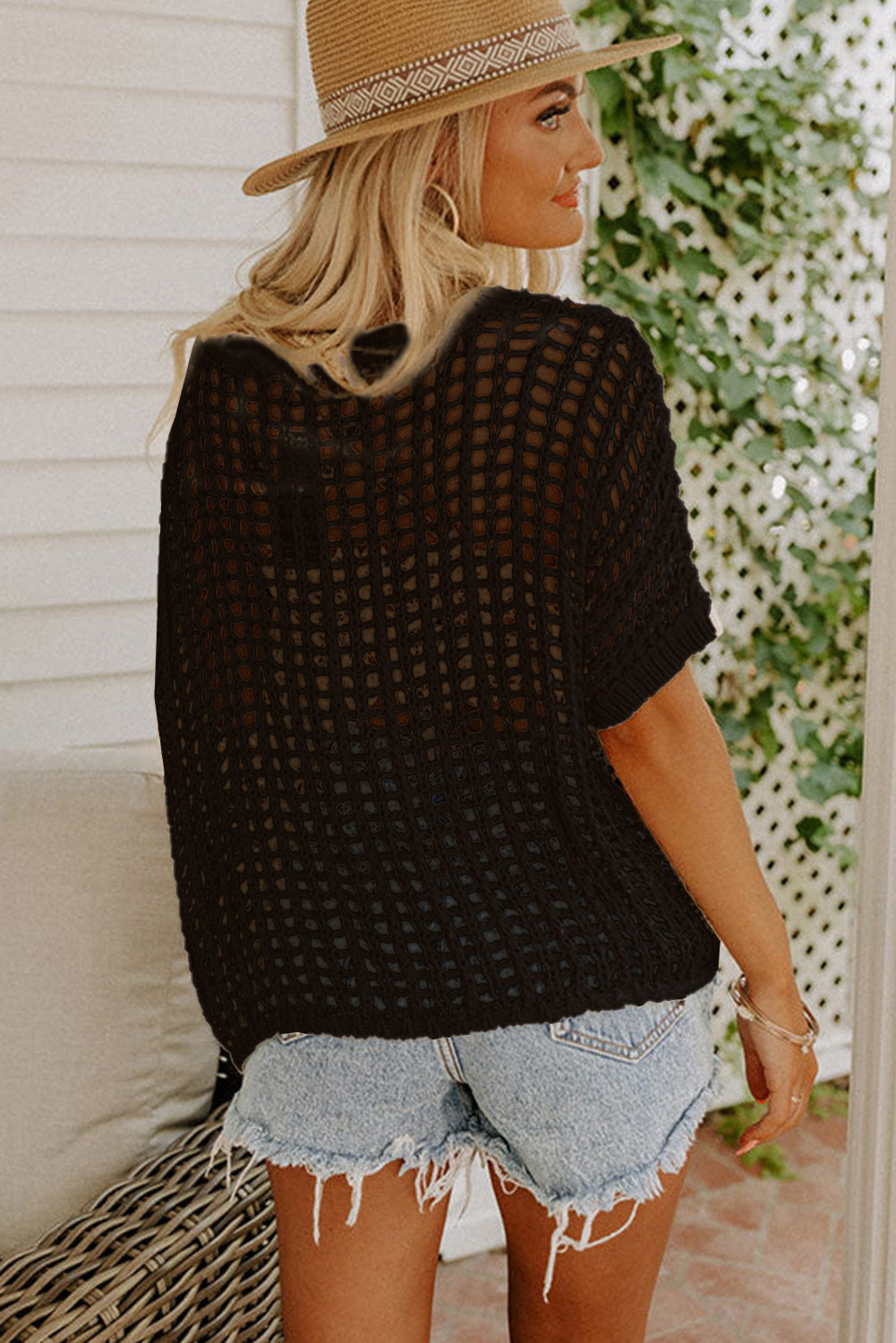 Fishnet Knit Ribbed Round Neck Short Sleeve Sweater Tee | Black