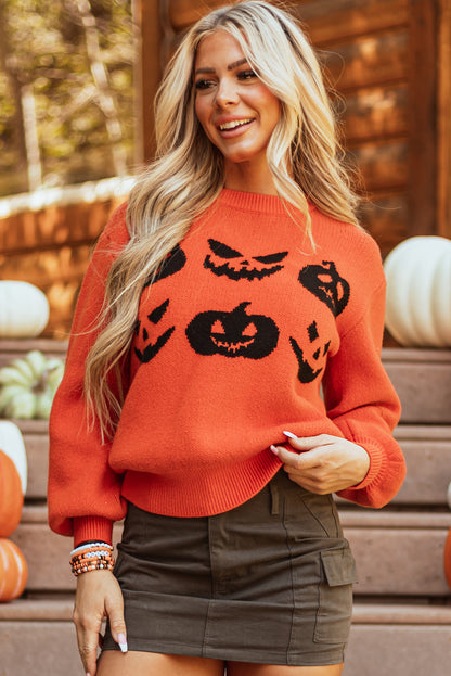 Halloween Pumpkin Face Pattern Drop Shoulder Sweater | Orange