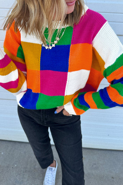 Checkered Colour Block Round Neck Loose Sweater | Orange