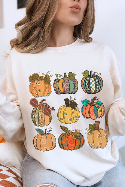 Thanksgiving Pumpkin Print Drop Shoulder Sweatshirt | Beige