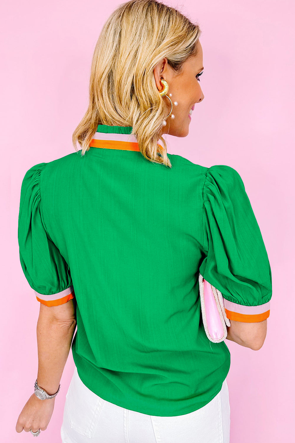 Colourful Trim V Neck Short Sleeve Blouse | Bright Green