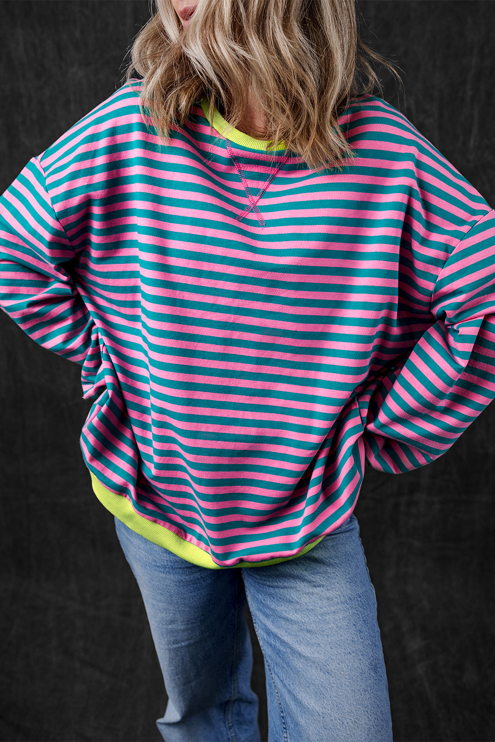 Oversized Contrast Trim Pullover Sweatshirt | Green Stripe