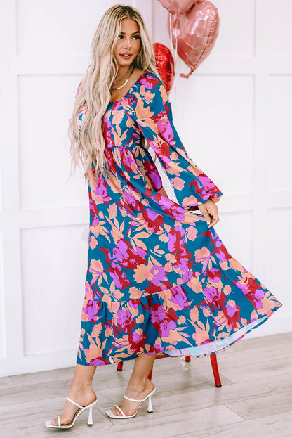 Floral Print Square Neck Ruffled High Waist Dress | Multicolour