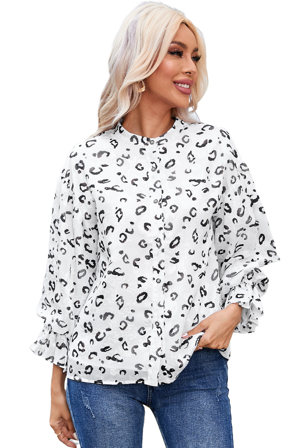 Leopard Print Button Up Ruffled Sleeve Shirt | White