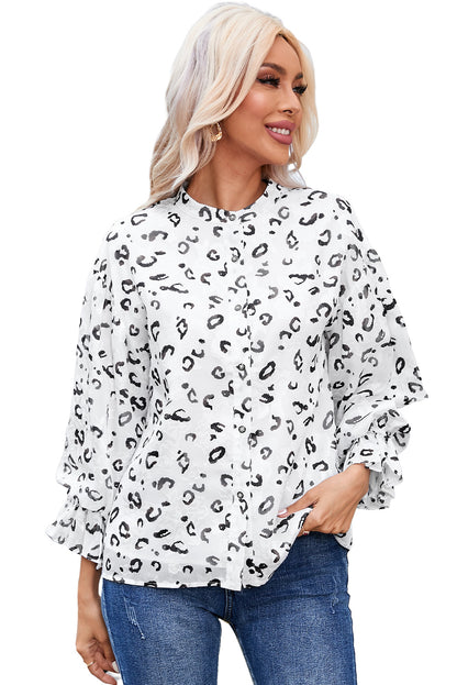 Leopard Print Button Up Ruffled Sleeve Shirt | White