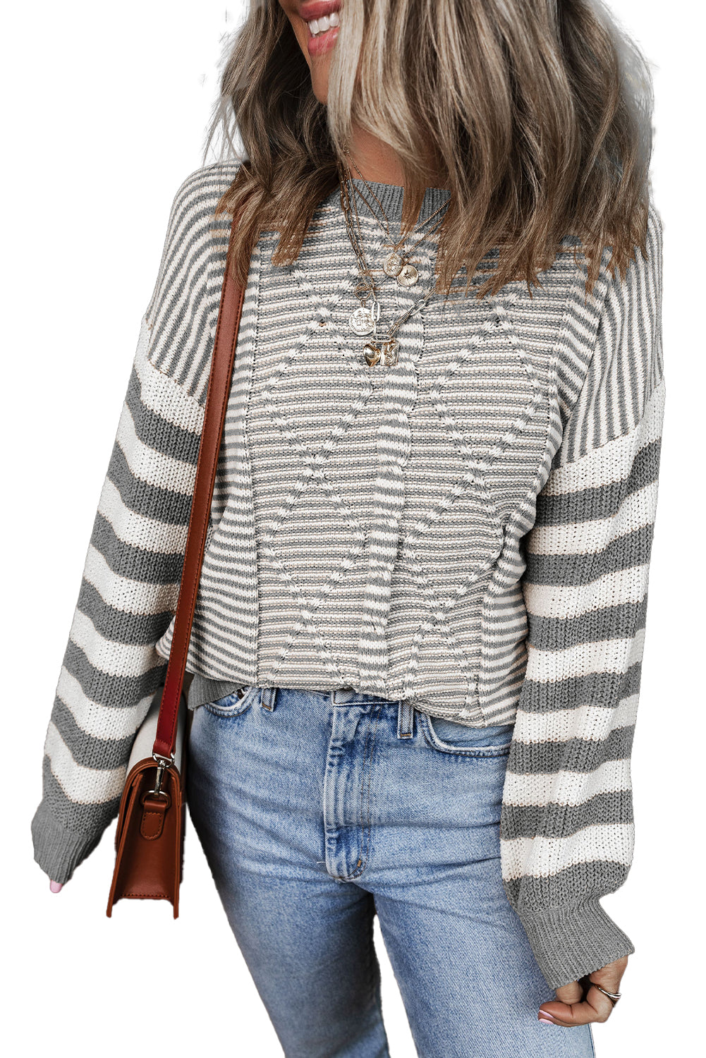 Geometric Textured Drop Shoulder Sweater | Gray Stripe