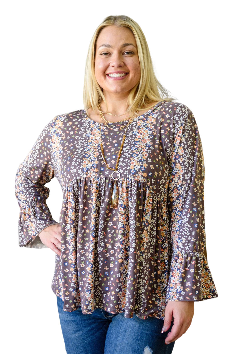 Floral Print Round Neck Plus Size Babydoll Blouse | Purple