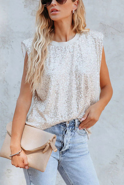 Sequin Round Neck Tank Top | Apricot