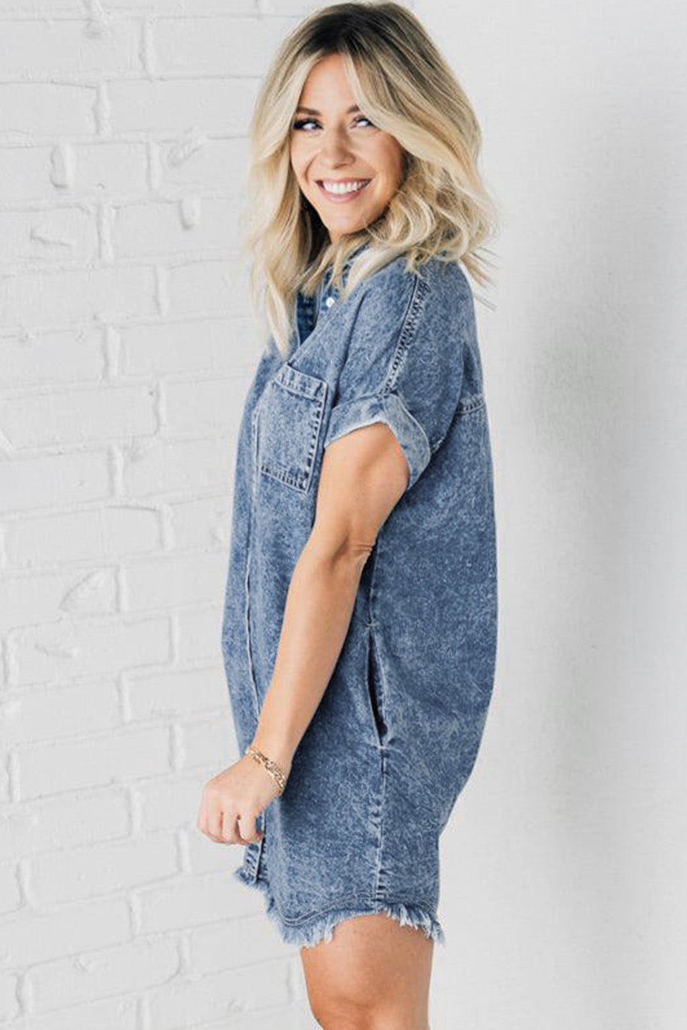 Mineral Wash Cuffed Sleeve Frayed Hem Denim Dress | Blue