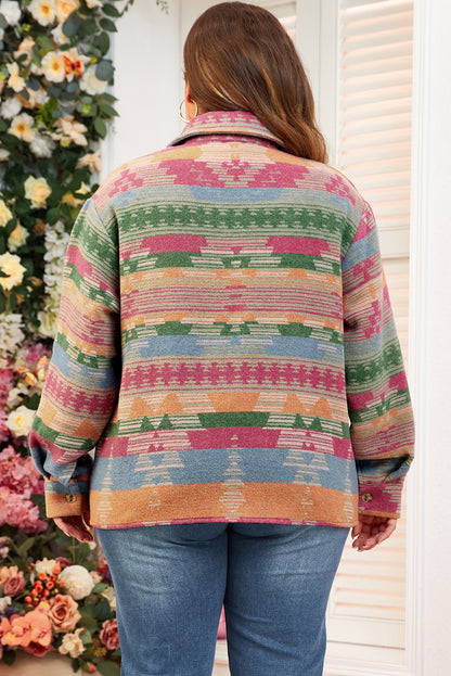 Plus Size Aztec Printed Flap Pocket Shacket | Pink