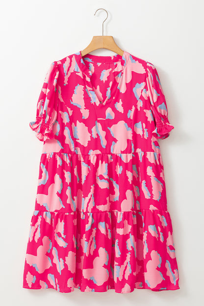 Abstract Printed Puff Short Sleeve Tiered Loose Dress | Pink