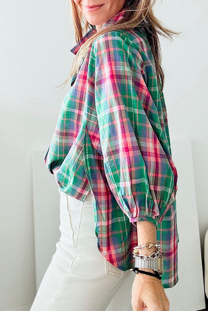 Checkered 3/4 Sleeve Collared Loose Fit Shirt | Green