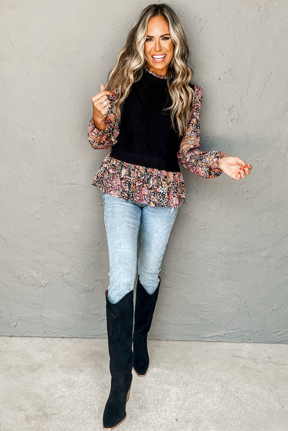 Contrast Floral Sleeve Peplum Sweater | Black