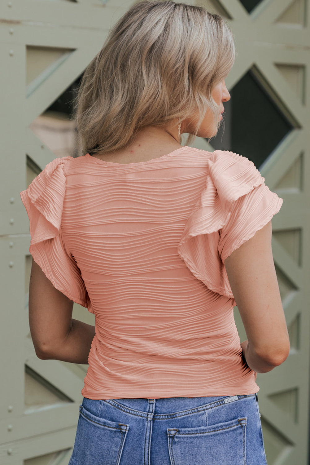 Wavy Textured Ruffle Sleeve Top | Apricot Pink