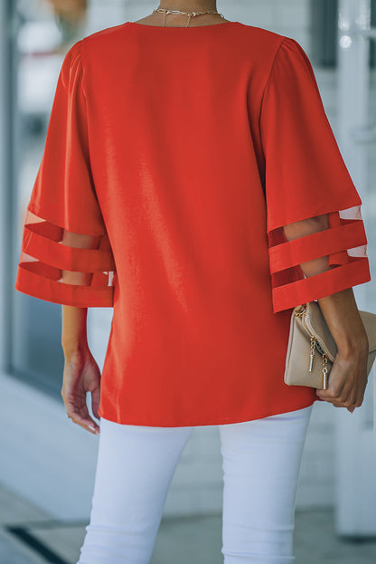 Fiery  Flare Sleeve V Neck Loose Blouse | Red