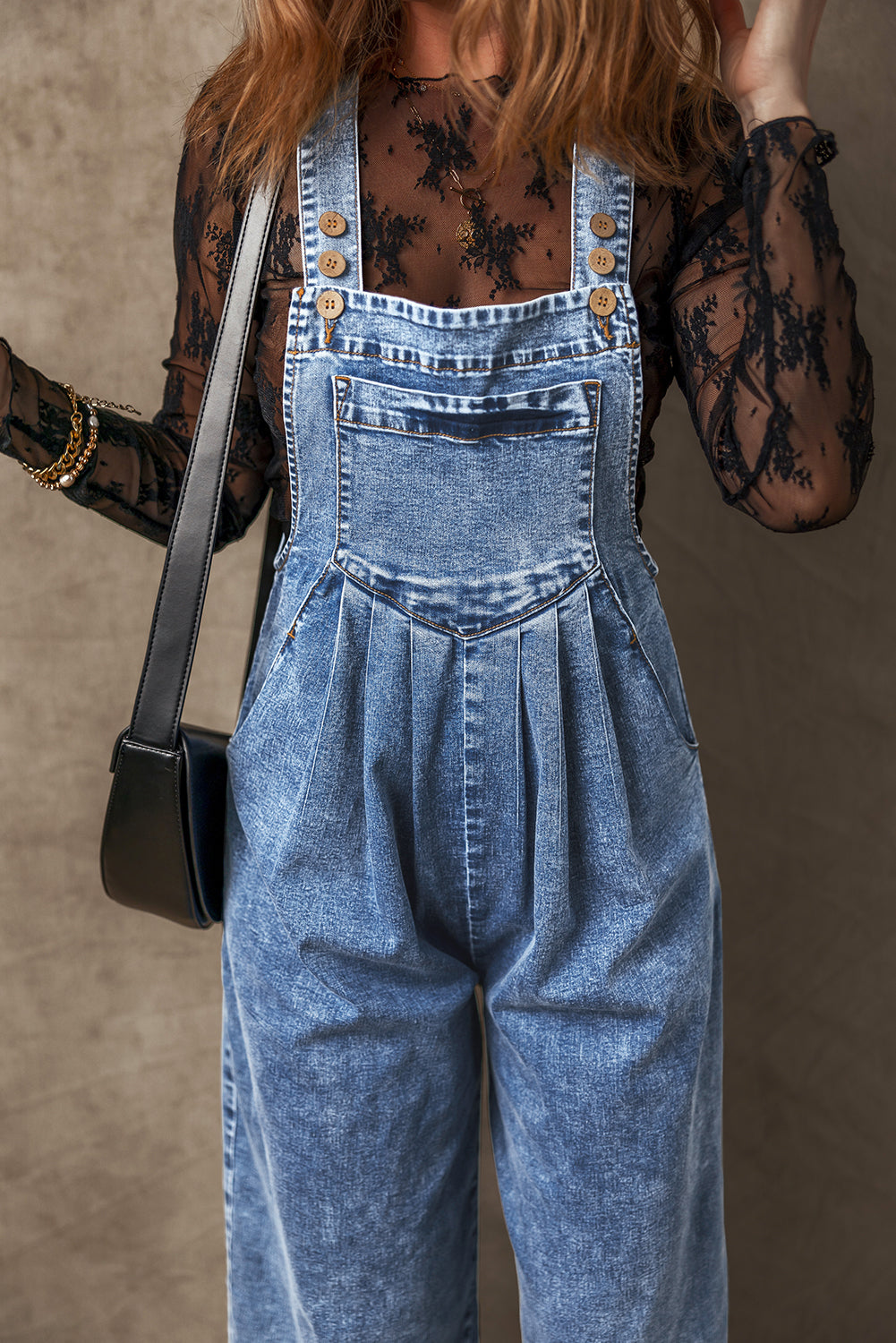 Mineral Wash Buttoned Straps Wide Leg Denim Overalls | Light Blue