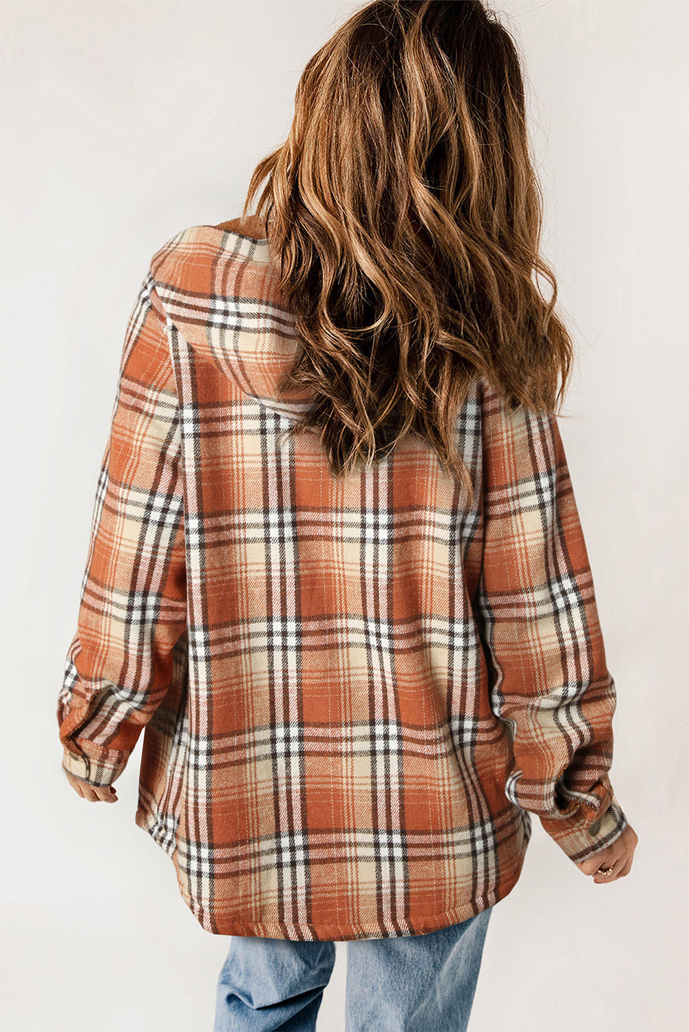 Plaid Pattern Sherpa Lined Hooded Shacket | Orange