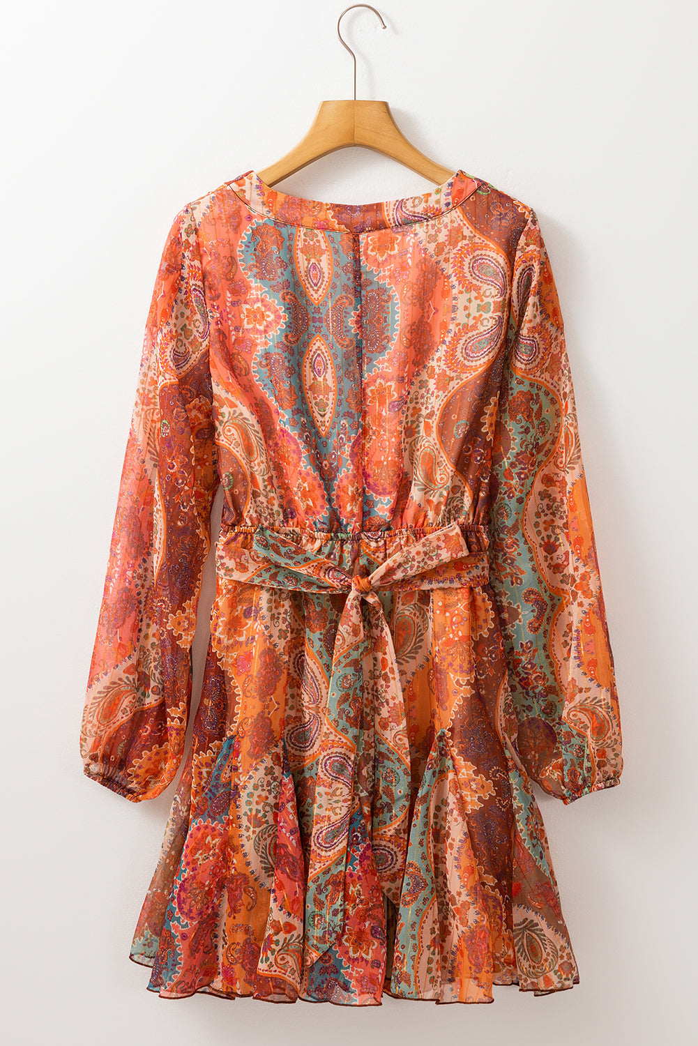 Boho Paisley Print Long Sleeve Pleated Belted Mini Dress | Orange