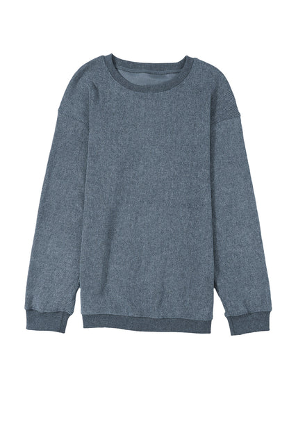 Solid Ribbed Knit Round Neck Pullover Sweatshirt | Blue