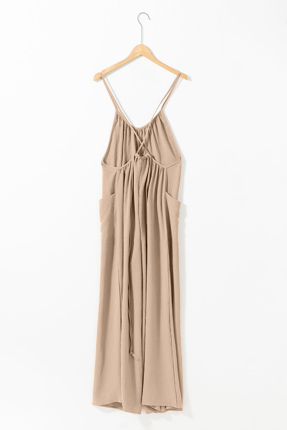 Spaghetti Straps Waist Tie Wide Leg Jumpsuit With Pockets | Apricot