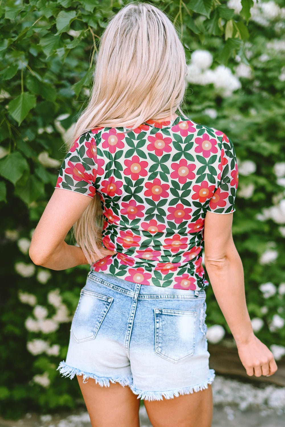 Retro Floral Print Crew Neck T Shirt | Fiery Red