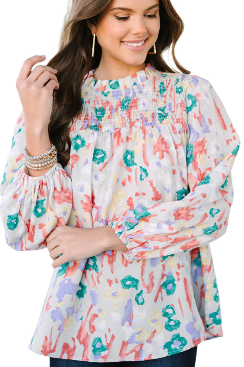 Printed Frilled Neck Smocked Loose Blouse | Multicolour